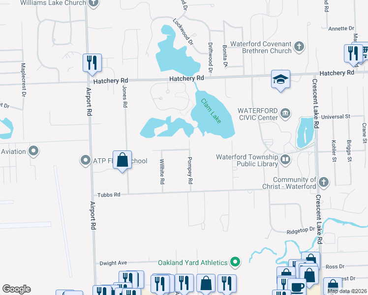 map of restaurants, bars, coffee shops, grocery stores, and more near 5592 Croswell Road in Waterford Township