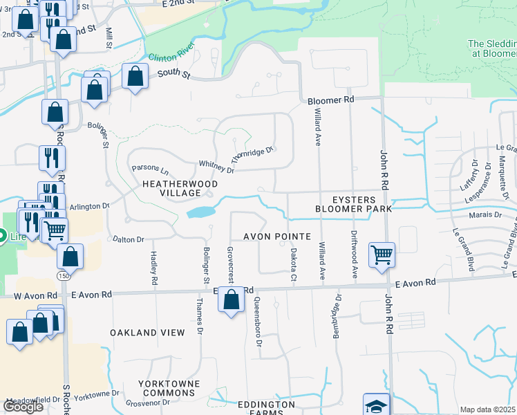 map of restaurants, bars, coffee shops, grocery stores, and more near 543 Misty Brook Lane in Rochester Hills
