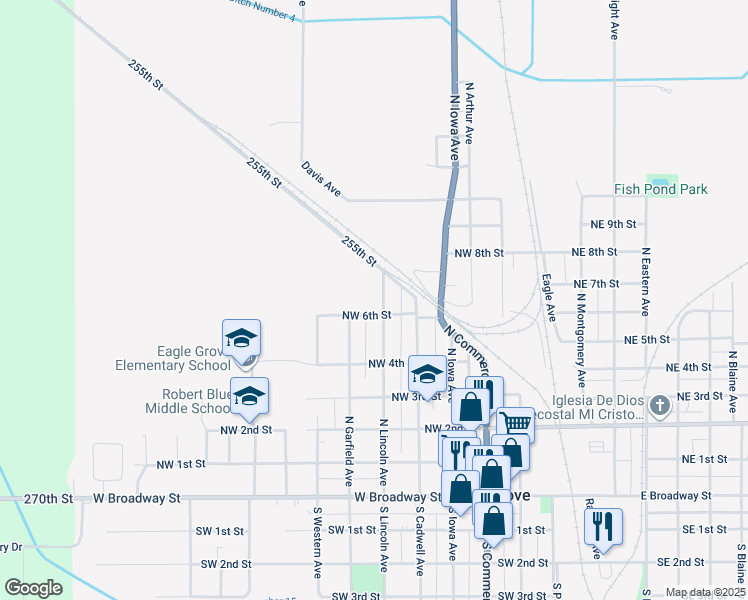 map of restaurants, bars, coffee shops, grocery stores, and more near 607 North Lincoln Avenue in Eagle Grove