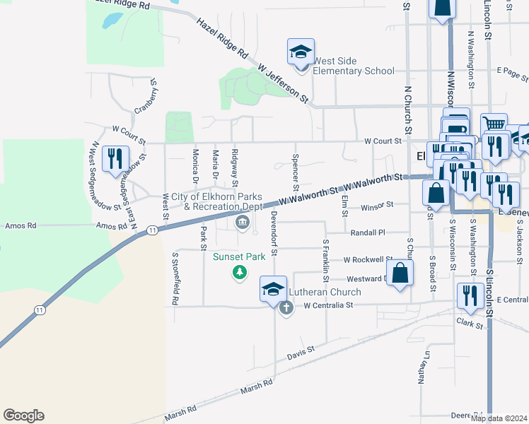 map of restaurants, bars, coffee shops, grocery stores, and more near 605 West Walworth Street in Elkhorn