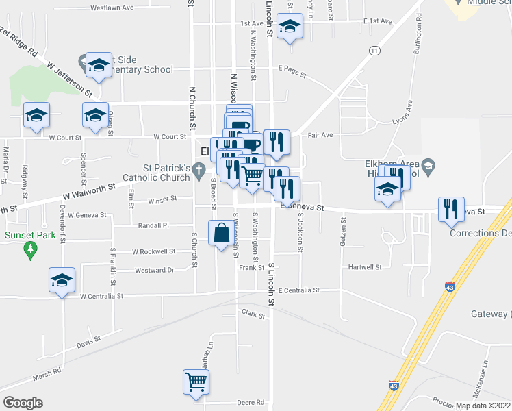 map of restaurants, bars, coffee shops, grocery stores, and more near 100 East Geneva Street in Elkhorn