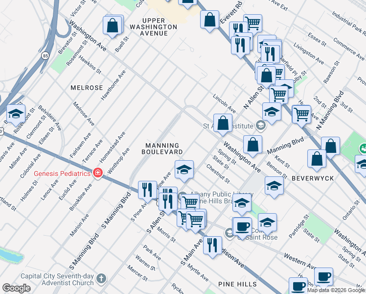 map of restaurants, bars, coffee shops, grocery stores, and more near 891 Lancaster Street in Albany