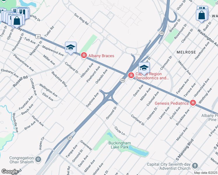 map of restaurants, bars, coffee shops, grocery stores, and more near 30 Seminole Avenue in Albany