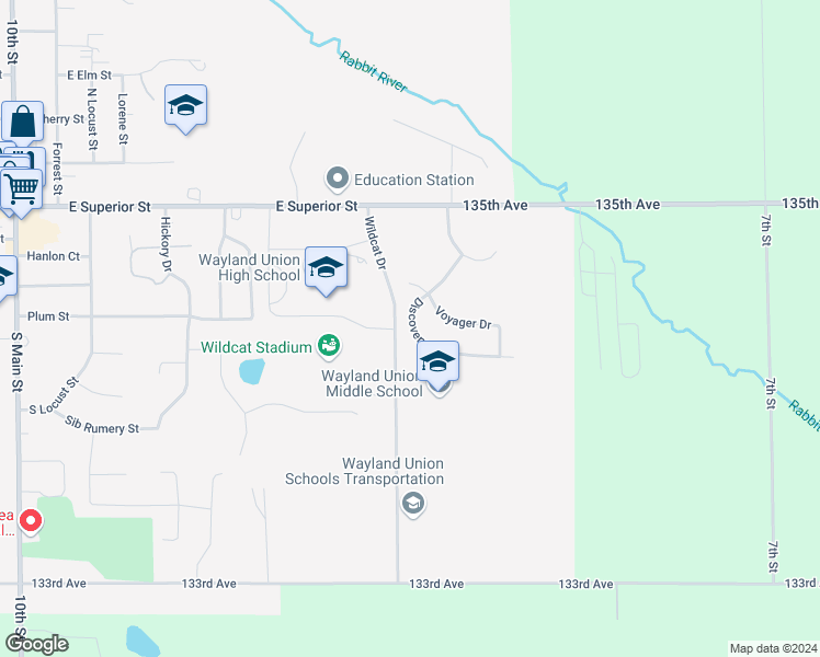 map of restaurants, bars, coffee shops, grocery stores, and more near 415 Discovery Drive in Wayland