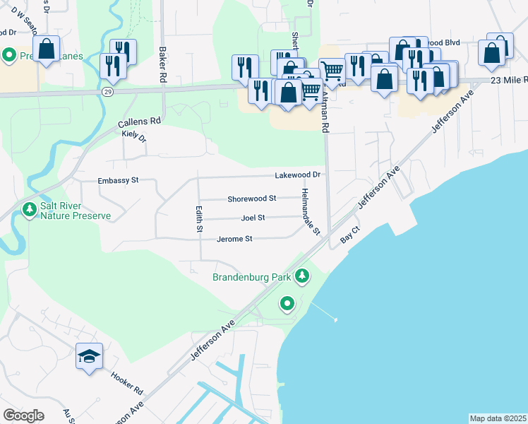 map of restaurants, bars, coffee shops, grocery stores, and more near 34600 Shorewood Street in New Baltimore