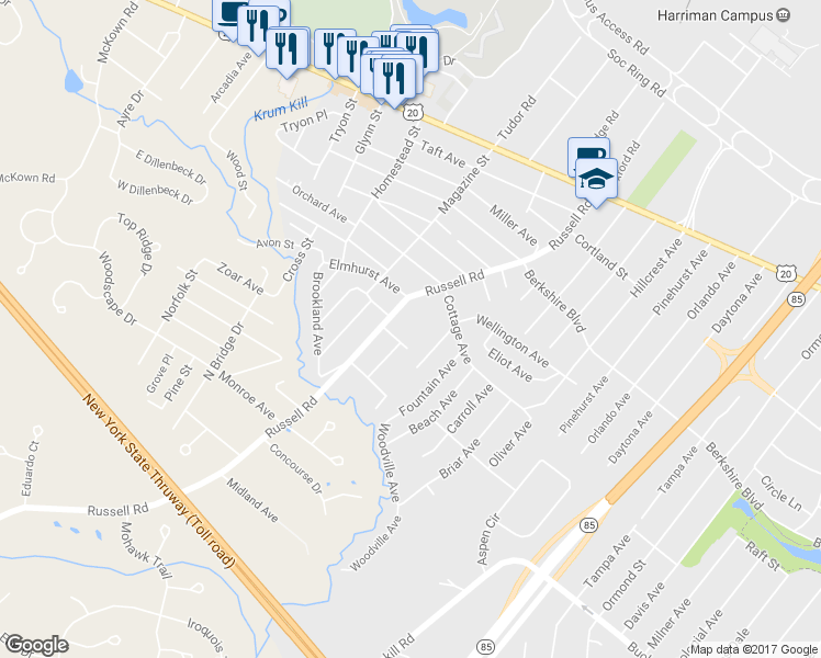 map of restaurants, bars, coffee shops, grocery stores, and more near 143 Russell Road in Albany