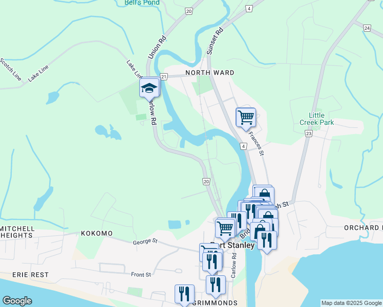 map of restaurants, bars, coffee shops, grocery stores, and more near 297 County Road 20 in Port Stanley