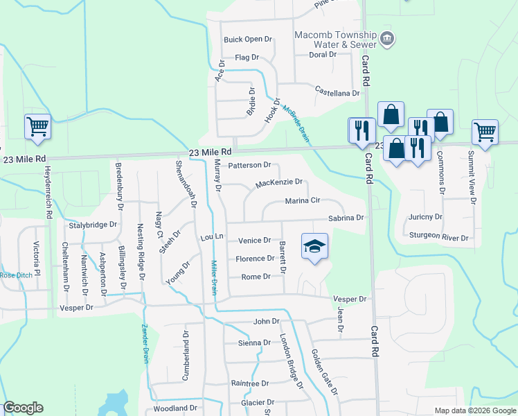 map of restaurants, bars, coffee shops, grocery stores, and more near 21375 Marina Circle in Macomb