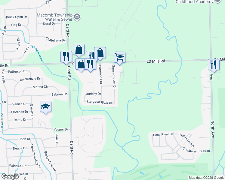 map of restaurants, bars, coffee shops, grocery stores, and more near 50645 Summit View Drive in Macomb
