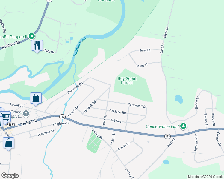 map of restaurants, bars, coffee shops, grocery stores, and more near 23 Pine Street in Pepperell