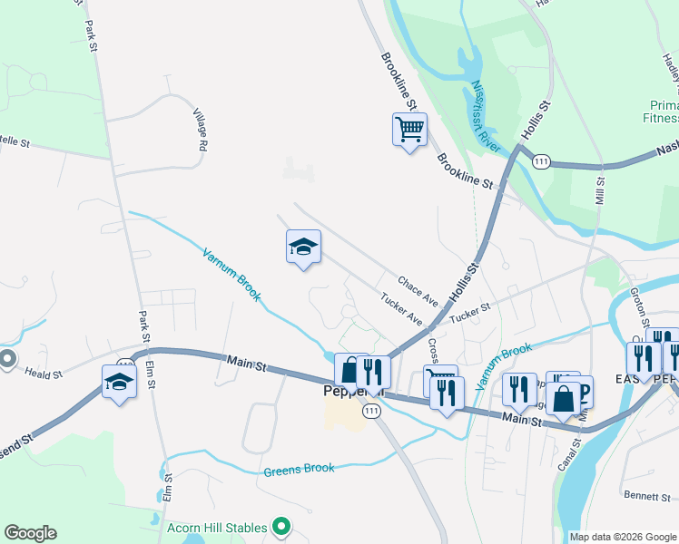 map of restaurants, bars, coffee shops, grocery stores, and more near 18 Tucker Avenue in Pepperell