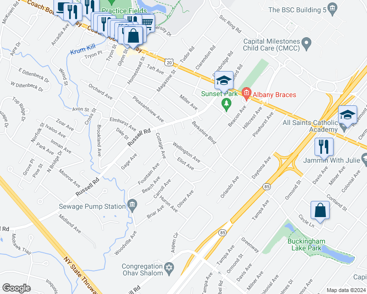 map of restaurants, bars, coffee shops, grocery stores, and more near 63 Wellington Avenue in Albany