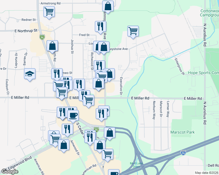 map of restaurants, bars, coffee shops, grocery stores, and more near 1000 Andrew Jackson Drive in Lansing