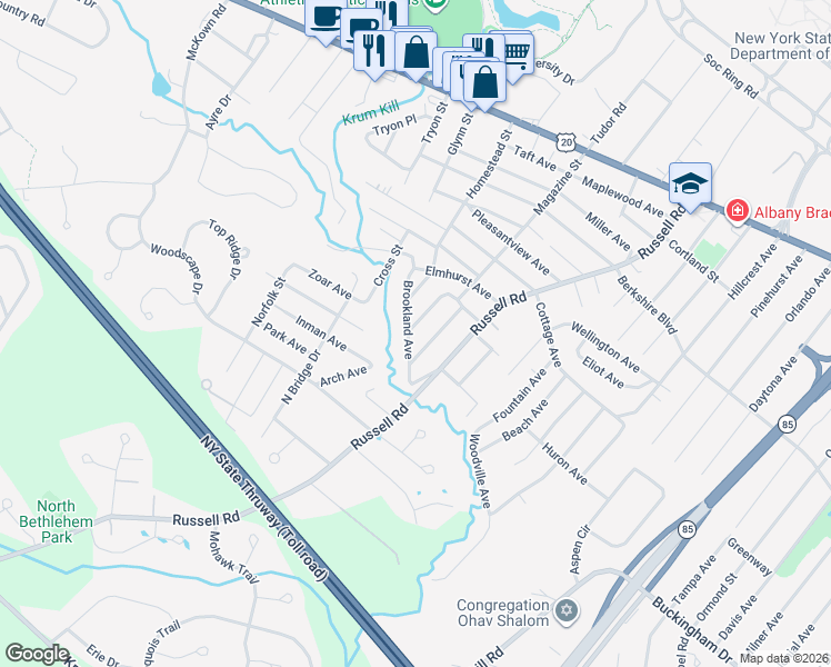 map of restaurants, bars, coffee shops, grocery stores, and more near 36 Warren Ave in Albany