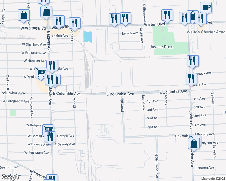map of restaurants, bars, coffee shops, grocery stores, and more near 40 South Mill Street in Pontiac