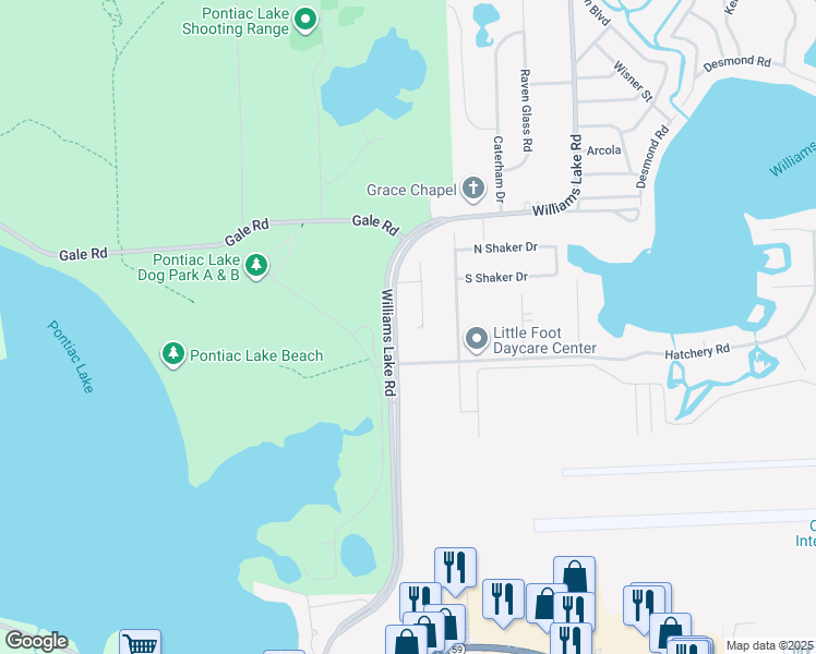 map of restaurants, bars, coffee shops, grocery stores, and more near North Williams Lake Road in Waterford charter Township
