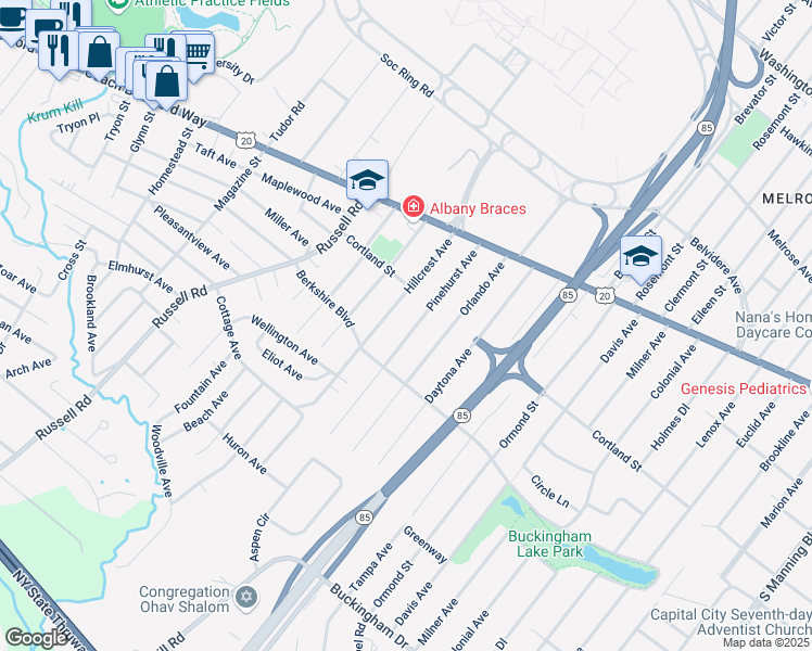 map of restaurants, bars, coffee shops, grocery stores, and more near 62 Pinehurst Avenue in Albany