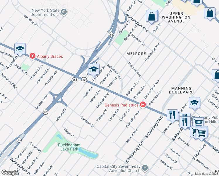 map of restaurants, bars, coffee shops, grocery stores, and more near 749 Western Avenue in Albany