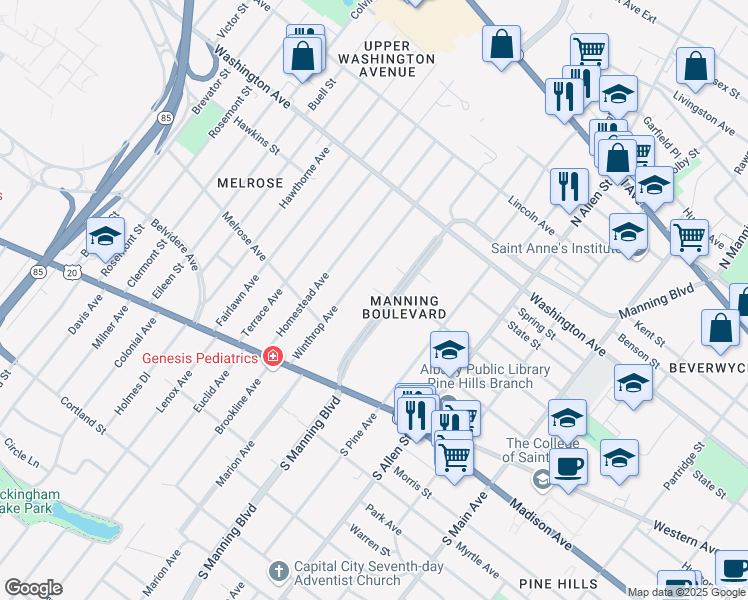 map of restaurants, bars, coffee shops, grocery stores, and more near 84 Manning Boulevard in Albany