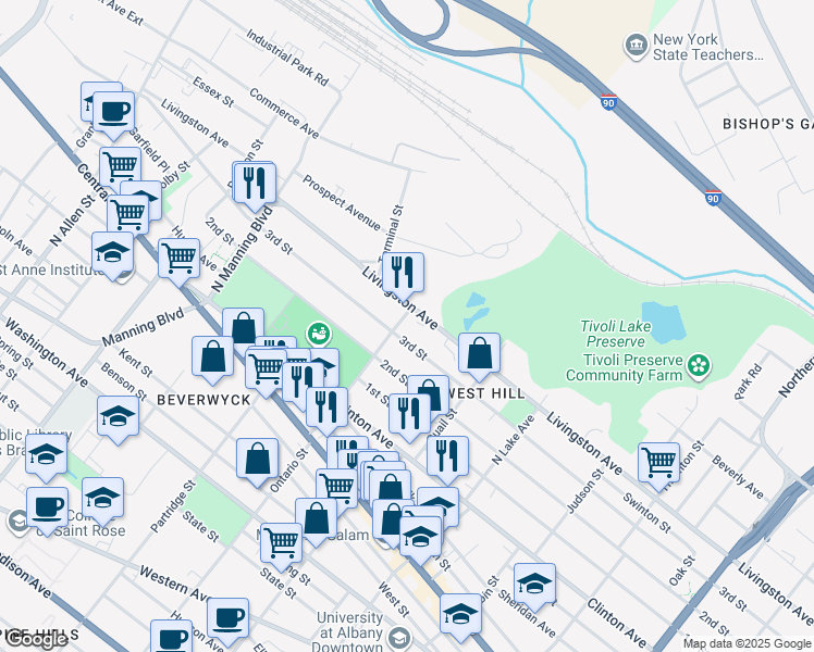map of restaurants, bars, coffee shops, grocery stores, and more near 38 Ontario Street in Albany