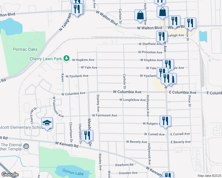 map of restaurants, bars, coffee shops, grocery stores, and more near 222 West Columbia Avenue in Pontiac