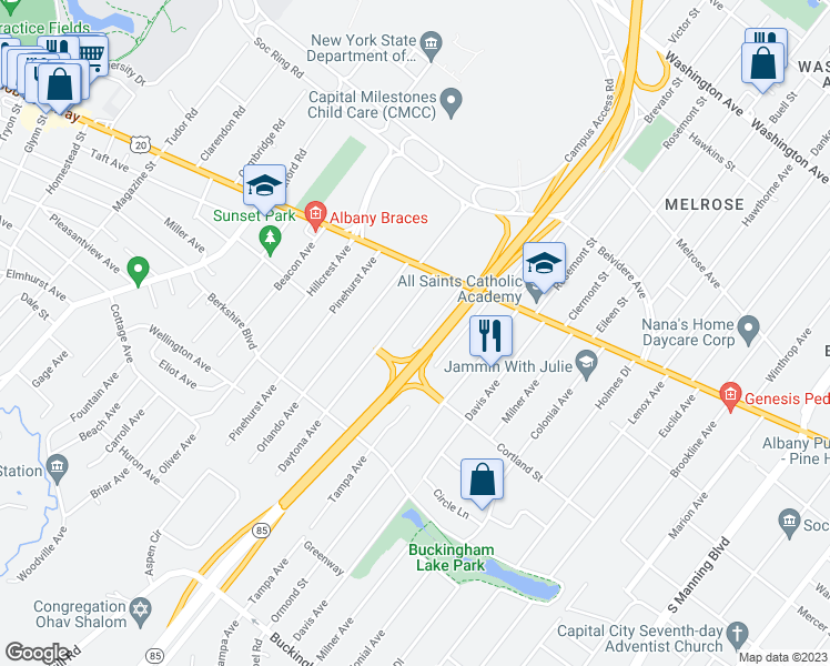 map of restaurants, bars, coffee shops, grocery stores, and more near 30 Seminole Avenue in Albany