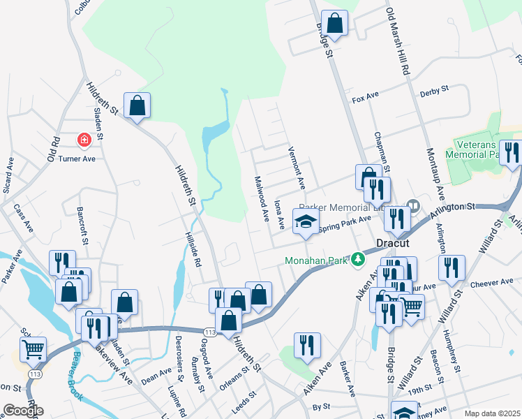 map of restaurants, bars, coffee shops, grocery stores, and more near 52 Malwood Avenue in Dracut