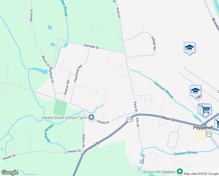 map of restaurants, bars, coffee shops, grocery stores, and more near 23A Heald Street in Pepperell