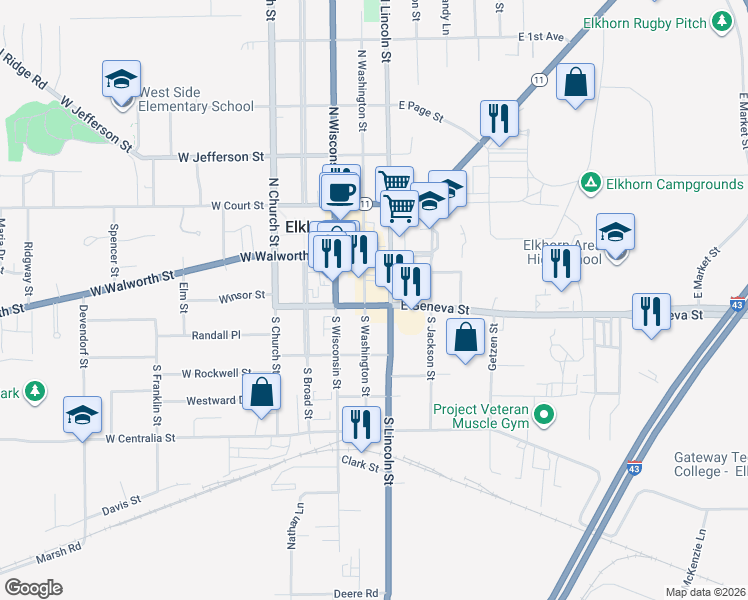 map of restaurants, bars, coffee shops, grocery stores, and more near 190 East Geneva Street in Elkhorn