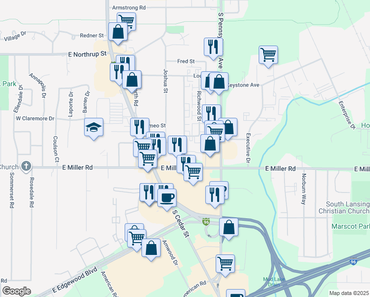 map of restaurants, bars, coffee shops, grocery stores, and more near 6015 Orchard Court in Lansing