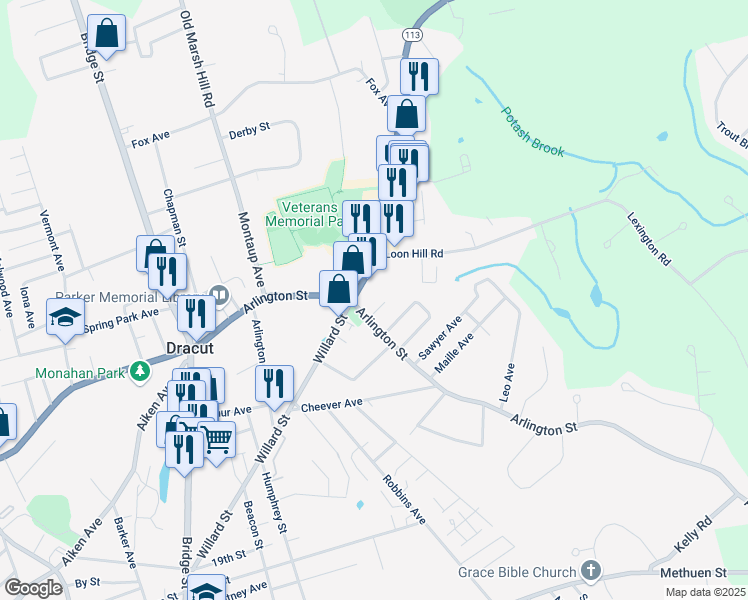 map of restaurants, bars, coffee shops, grocery stores, and more near 182 Arlington Street in Dracut