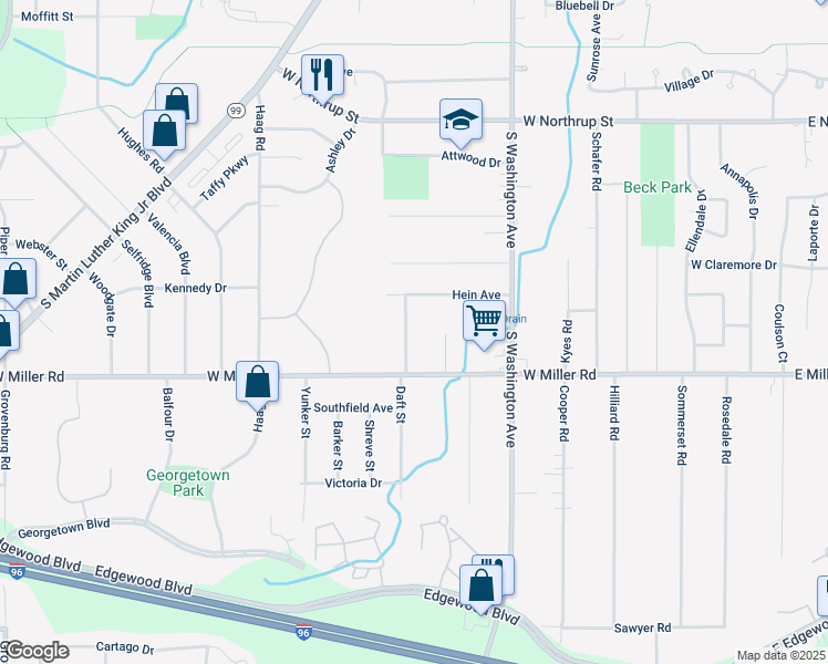 map of restaurants, bars, coffee shops, grocery stores, and more near 6033 Daft Street in Lansing
