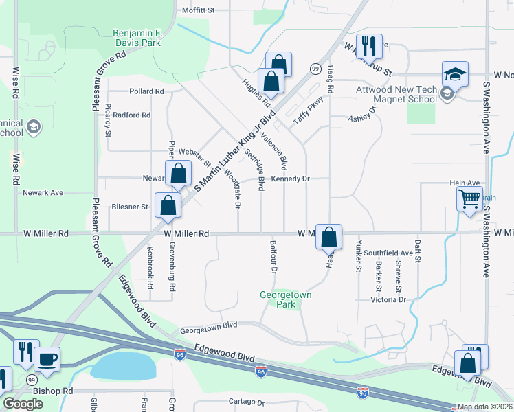 map of restaurants, bars, coffee shops, grocery stores, and more near 6038 Selfridge Boulevard in Lansing