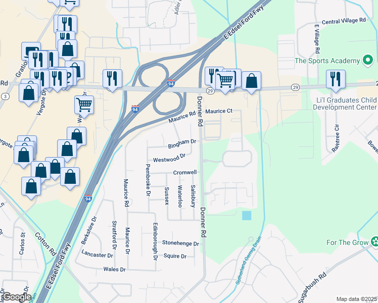 map of restaurants, bars, coffee shops, grocery stores, and more near 50303 Burlwood Drive in New Baltimore