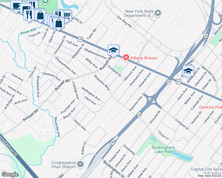 map of restaurants, bars, coffee shops, grocery stores, and more near 181 Berkshire Boulevard in Albany