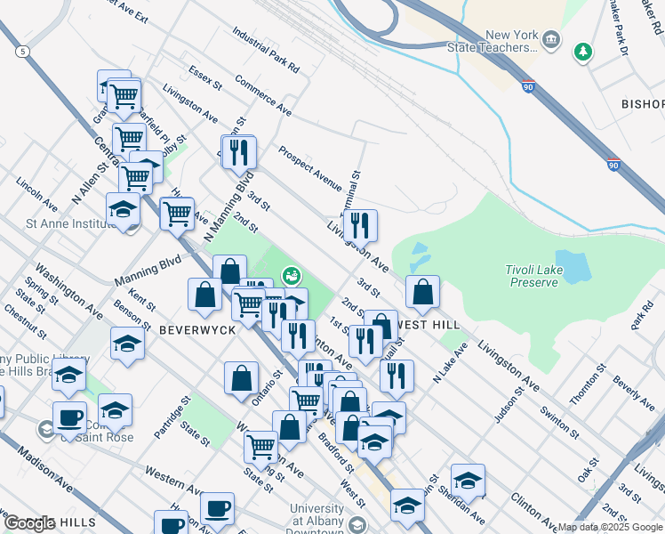 map of restaurants, bars, coffee shops, grocery stores, and more near 524 3rd Street in Albany