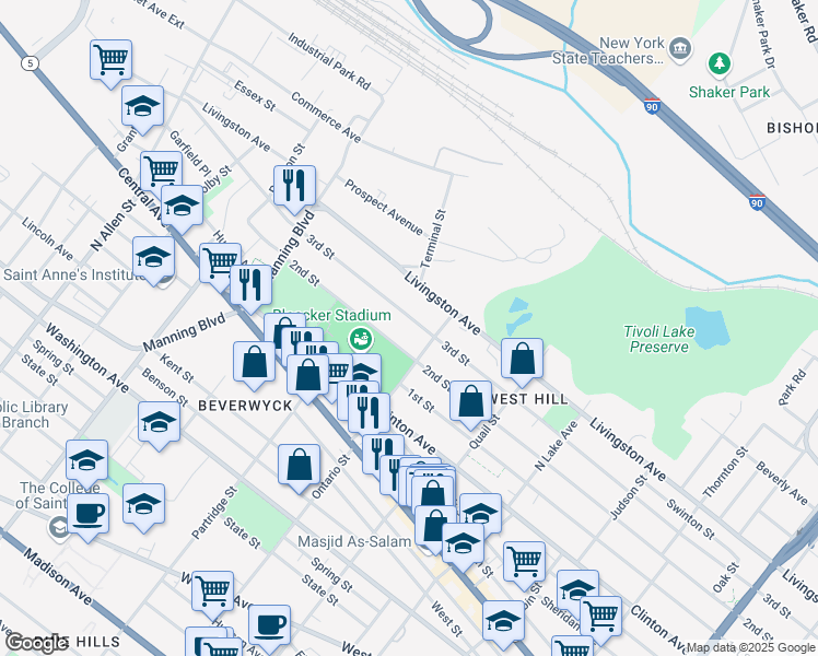 map of restaurants, bars, coffee shops, grocery stores, and more near 524 3rd Street in Albany