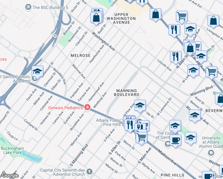 map of restaurants, bars, coffee shops, grocery stores, and more near 78 Winthrop Avenue in Albany