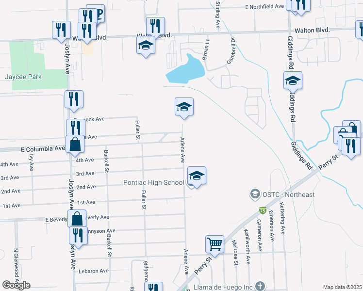 map of restaurants, bars, coffee shops, grocery stores, and more near 796 Columbia Way in Pontiac