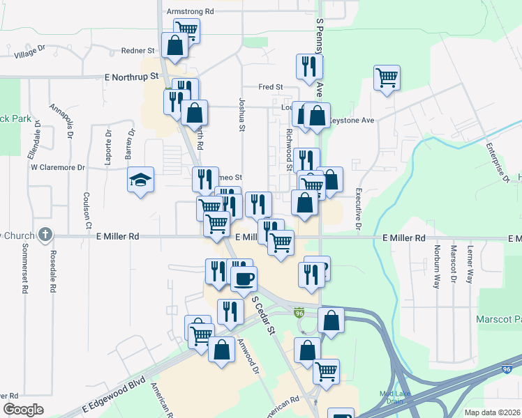 map of restaurants, bars, coffee shops, grocery stores, and more near 6015 Orchard Court in Lansing
