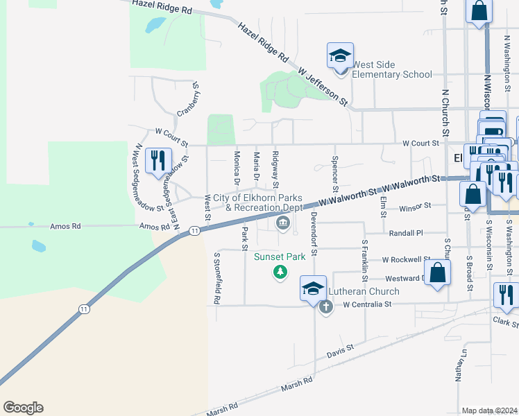 map of restaurants, bars, coffee shops, grocery stores, and more near 702 West Walworth Street in Elkhorn