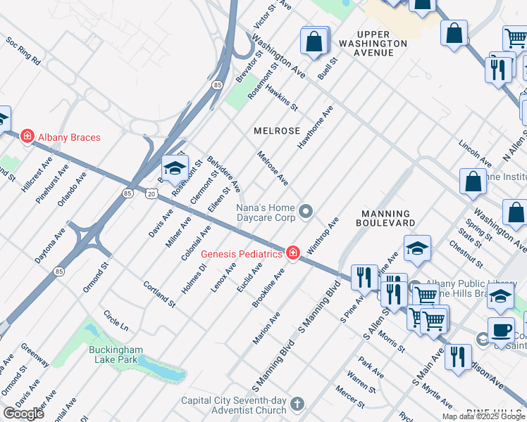 map of restaurants, bars, coffee shops, grocery stores, and more near 18 Fairlawn Avenue in Albany