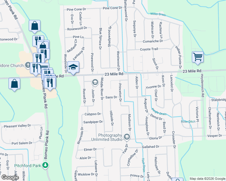 map of restaurants, bars, coffee shops, grocery stores, and more near 50786 North Hampton Court in Macomb