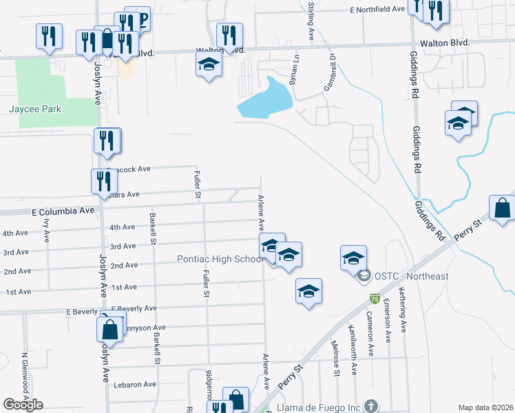 map of restaurants, bars, coffee shops, grocery stores, and more near 796 Columbia Way in Pontiac