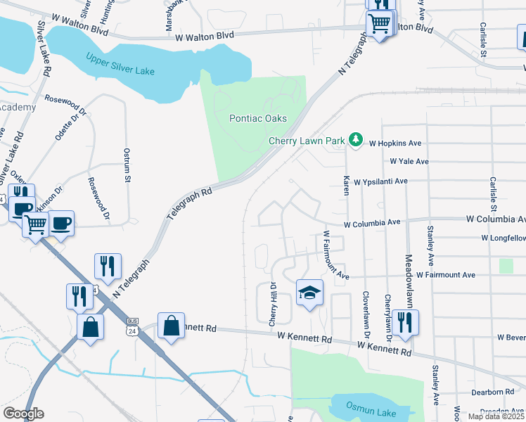 map of restaurants, bars, coffee shops, grocery stores, and more near 127 Starlite Lane in Pontiac