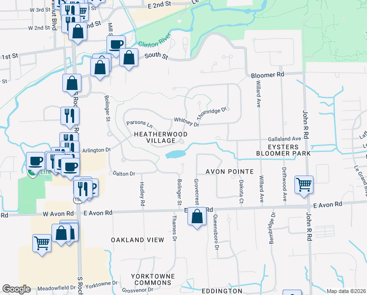 map of restaurants, bars, coffee shops, grocery stores, and more near 334 Arlington Drive in Rochester Hills