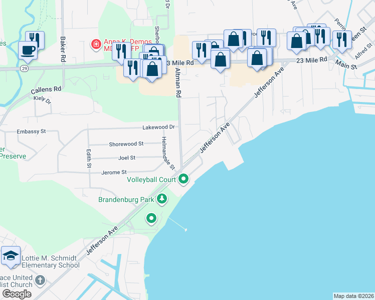 map of restaurants, bars, coffee shops, grocery stores, and more near 50457 Kayla in New Baltimore