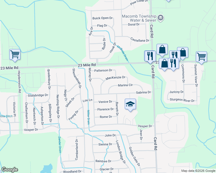 map of restaurants, bars, coffee shops, grocery stores, and more near 21375 Marina Circle in Macomb