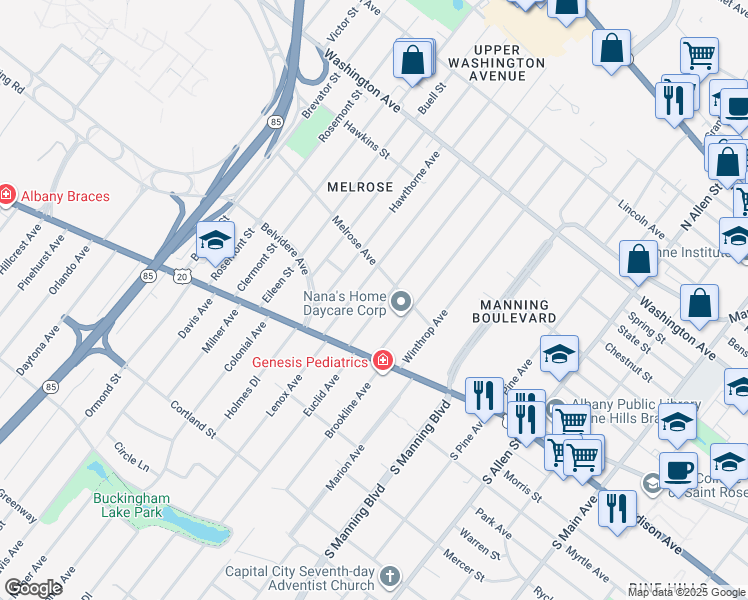 map of restaurants, bars, coffee shops, grocery stores, and more near 48 Terrace Avenue in Albany
