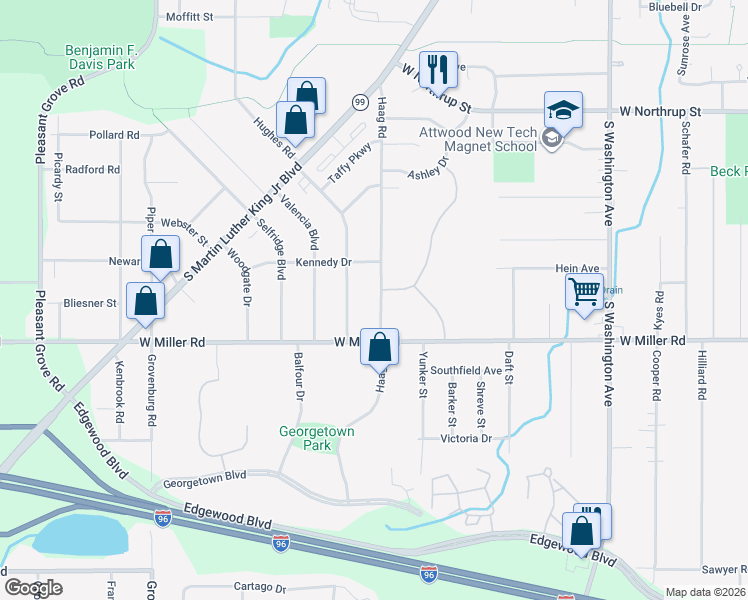 map of restaurants, bars, coffee shops, grocery stores, and more near 6036 Haag Road in Lansing